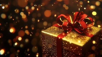 Christmas present. A beautifully wrapped golden gift box, adorned with an elegant red bow, shines brightly amidst glimmering bokeh lights. Image made using Generative AI.