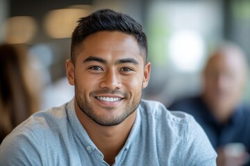 A smiling young man with short dark hair looks directly at the camera in a casual setting.