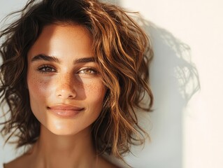 Woman with freshfaced dewy skin in soft natural light, effortless beauty, healthy radiance