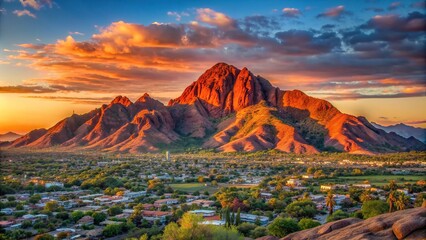 desert, destination, Arizona, Southwest, hiking, tourism, scenery, Late evening sun casting a warm red glow on the majestic Camelback Mountain in Phoenix Scottsdale Arizona USA