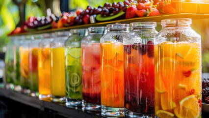 A vibrant display of assorted fruit juices in glass jars, showcasing a colorful and refreshing variety perfect for summer.