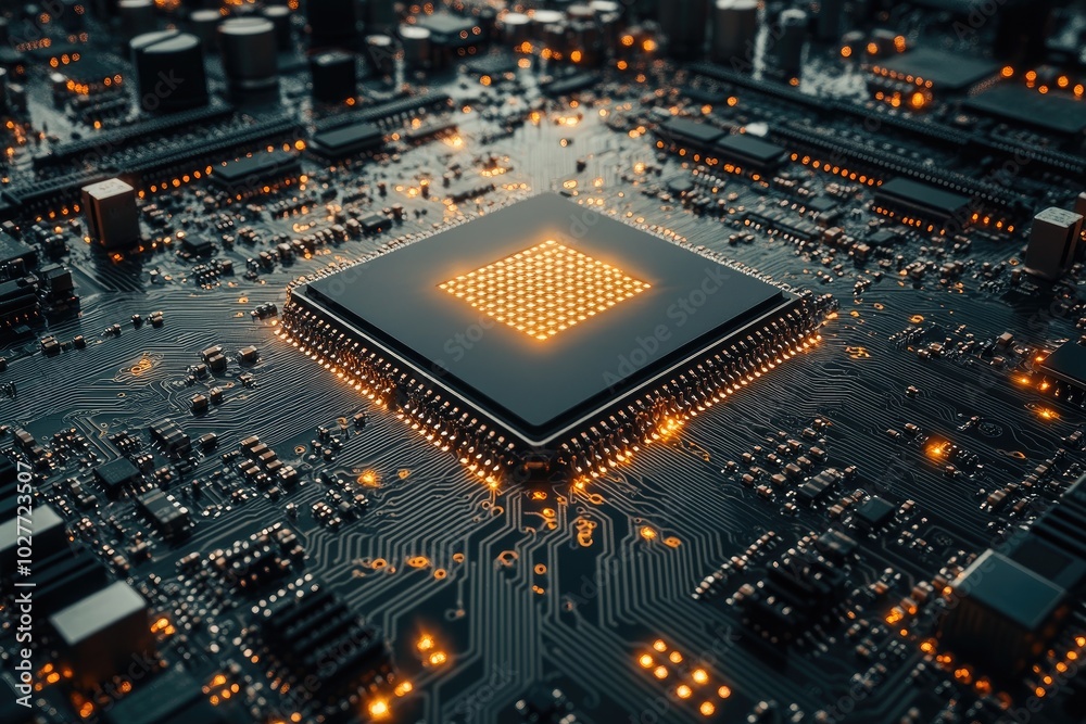 Wall mural illuminated microchip on a circuit board