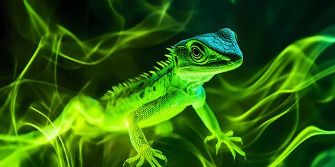 Fototapeta premium A vibrant neon lizard blending with abstract colorful swirls creates a captivating visual effect that evokes a sense of fantasy and intrigue