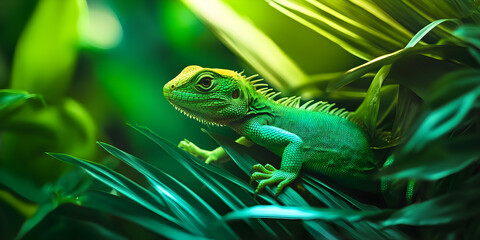 Fototapeta premium A vibrant green lizard rests among lush foliage, showcasing intricate textures and a striking color palette that highlights the beauty of nature