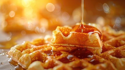 Golden Maple Syrup Pouring on Freshly Baked Waffles in Warm Light