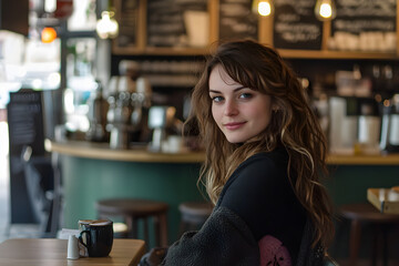 A stylish young British woman sits at a café, looking over her shoulder with a warm smile, surrounded by a cozy atmosphere and rich wooden tones