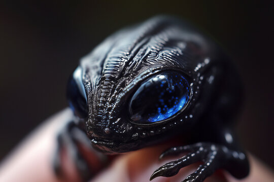 A small, cute, and adorable black xenomorph with blue eyes, an alien monster.