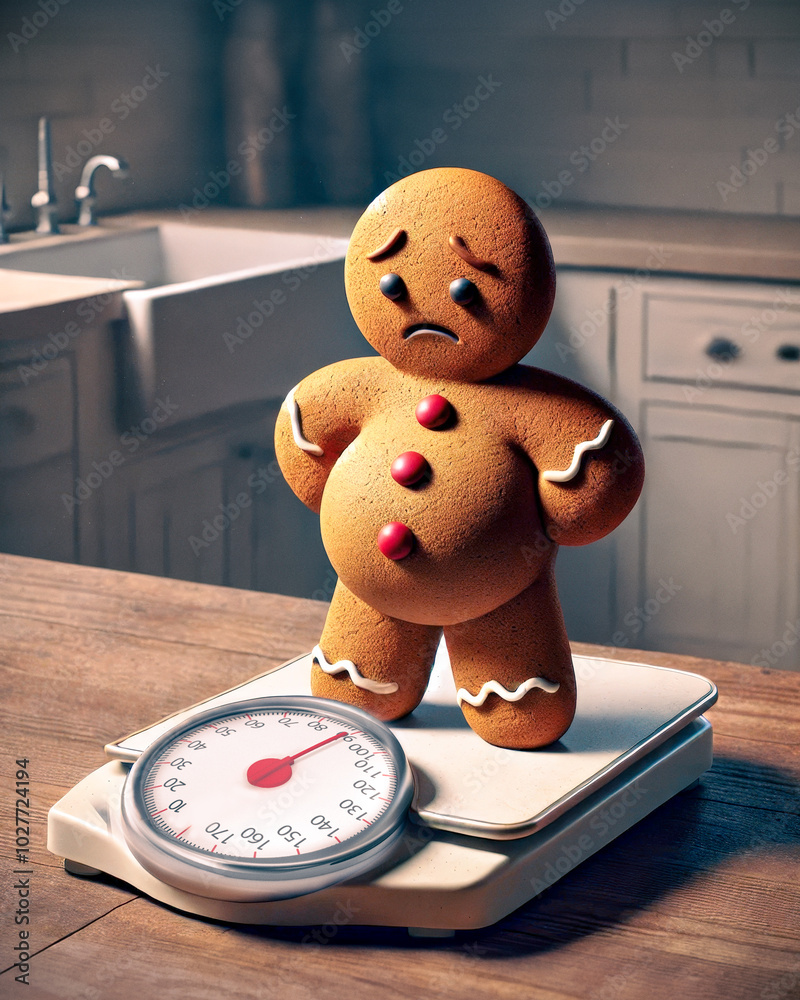 Wall mural a gingerbread man with a sad expression standing on a scale, symbolizing weight gain during the holi