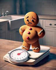  A gingerbread man with a sad expression standing on a scale, symbolizing weight gain during the holiday season. The warm kitchen setting adds to the cozy yet humorous concept, ideal for health or hol