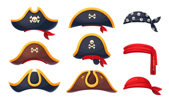 Pirate corsair or sailor bandana and captain tricorn hats. Cartoon carnival costume hats with piracy skulls, crossbones, eye patch and red scarf, jolly roger caps and beads, pirate headgear set