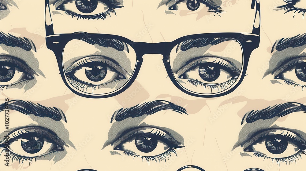 Poster A pair of eyeglasses stands out against a backdrop filled with creatively stylized eyes, showcasing unique designs and patterns. Generative AI