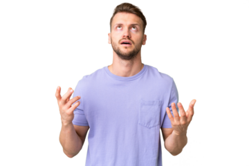 Young handsome caucasian man over isolated chroma key background stressed overwhelmed