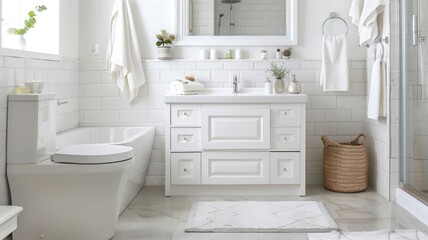 Fototapeta premium Minimalist modern bathroom with freestanding tub and sunlit interior design