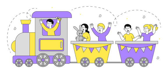 Boy train driver. Kids at toy train. Leisure and fun. Children at playground. Teenagers in amusement park. Friends having fun together. Linear vector illustration