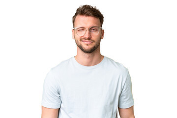Fototapeta premium Young handsome caucasian man over isolated chroma key background With glasses and happy expression
