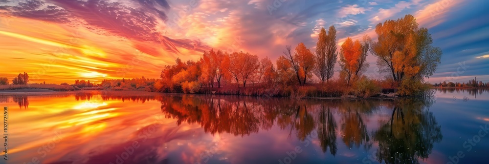 Poster the sky bursts with color during a stunning autumn sunset, casting reflections on the calm lake as t