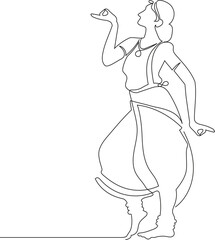 continuous line drawing. women's Indian dance form. dancer in a traditional sari and costume and jewelry