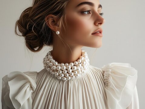 Pearl choker with a ruffled blouse, pearl accessories, classic and romantic fashion