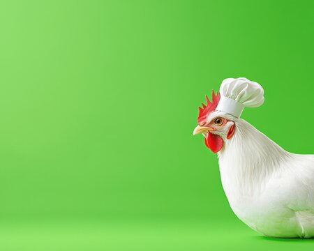 A chicken wearing a chef hat against a vibrant green background. - Powered by Adobe