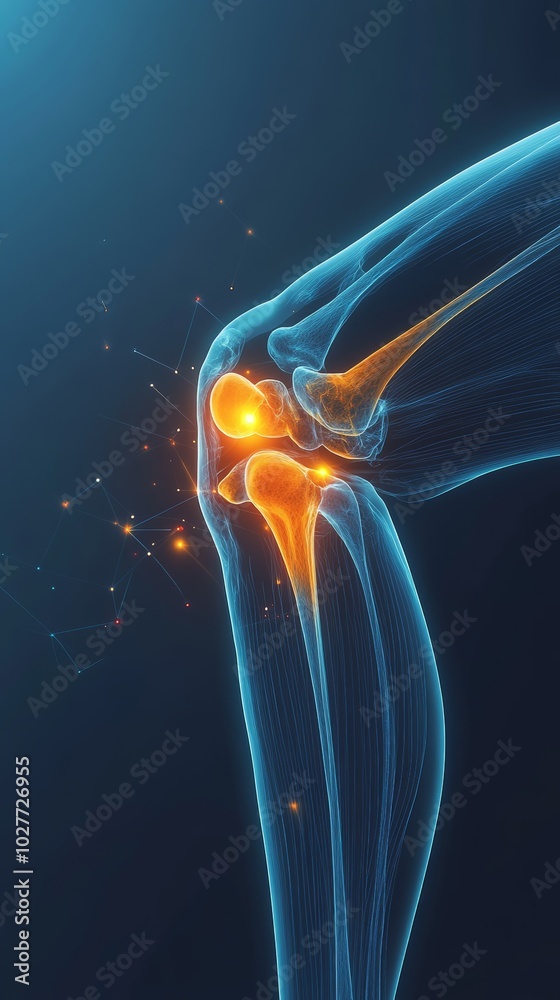 Poster human knee anatomy showing the bones and ligaments that comprise the joint with an orange highlight 