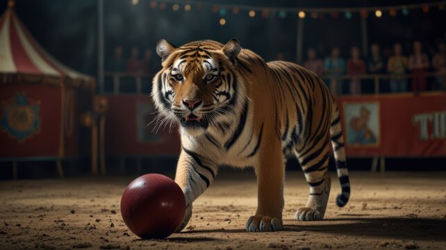 A majestic tiger walks towards a red ball in a circus arena, with the audience blurred in the background.