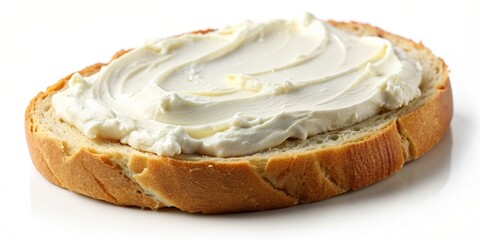 fresh, tasty, snack, dairy, isolated, clipping path, breakfast, Toasted bread with a spread of cream cheese is presented on a clean white background captured using a fisheye lens