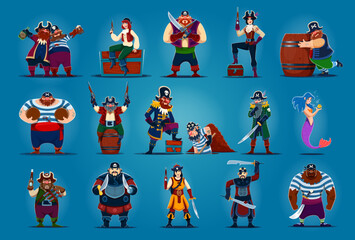 Fototapeta premium Cartoon pirate and corsair characters with captain hats, guns and bandanas. Funny vector personages of pirate girls, sailors, captains and mermaid with black eye patches, skulls and crossbones