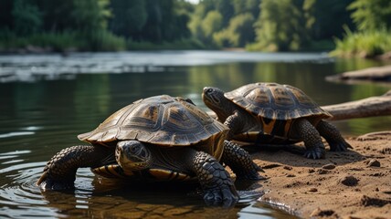 Fototapeta premium Two turtles sunning themselves on a riverbank.