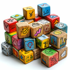 A stack of wooden blocks with various symbols and numbers on them. The blocks are arranged in a pyramid shape, with the bottom row being the largest and the top row being the smallest