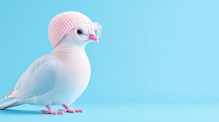 Fototapeta premium Cute pigeon wearing a pink beanie and glasses against a blue background.
