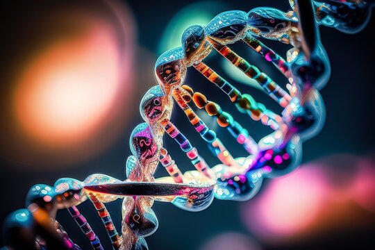 Colorful DNA strand with a blue and pink base pair. The strand is shown in a blurry, abstract style
