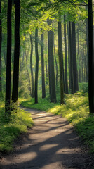 Obraz premium Serene forest path with sunlight filtering through trees in a lush green environment