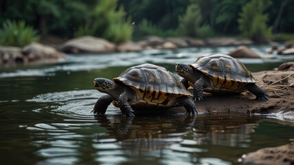 Obraz premium Two turtles walking on a river bank.