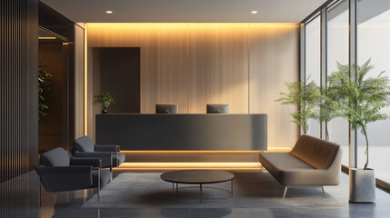 A quiet, modern office lounge with sleek furniture and ambient lighting
