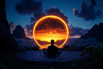 3D animation of a person waking up in a serene, virtual landscape, with a holographic sunrise and nature sounds, providing an immersive, digitally crafted motivational morning