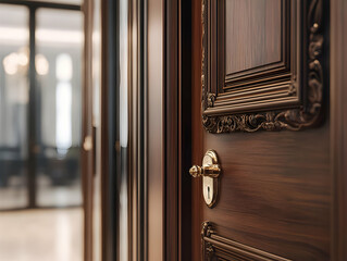 A close-up of an ornate wooden door with a decorative handle, hinting at an elegant interior.