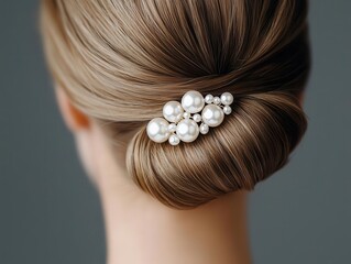 Pearl hairpin securing a sleek updo, pearl accessories, classic fashion detail