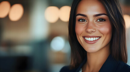Obraz premium A smiling woman in a professional setting, conveying confidence and approachability.