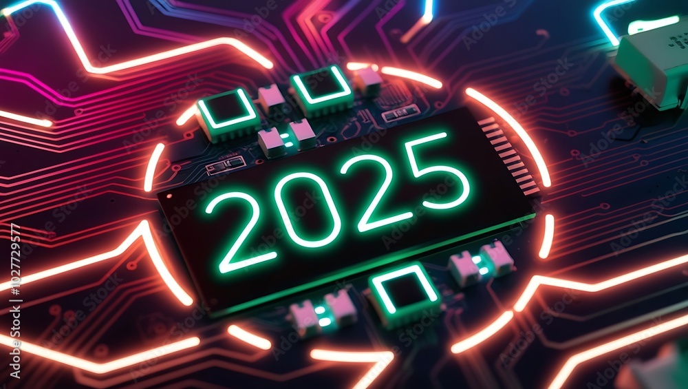 Wall mural new year 2025 digital background with futuristic circuit board structure. new year celebration, part