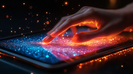 hand gently touches a tablet screen, representing the connection between human intuition and digital technology. This image symbolizes innovation, startup energy, and tech-driven creativity