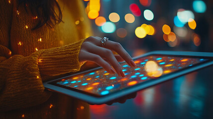 hand gently touches a tablet screen, representing the connection between human intuition and digital technology. This image symbolizes innovation, startup energy, and tech-driven creativity