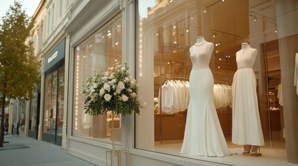Mannequin in a floor-length metallic silver gown with pearl necklace and sparkling heels in a luxury retail store window