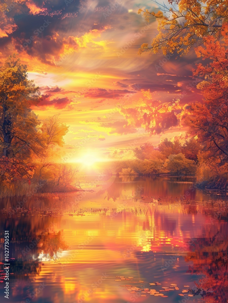 Poster as the sun sets over the calm waters, the sky bursts with colors while autumn leaves shimmer in the 