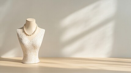 Mannequin in a chic lace dress paired with a statement pearl necklace and diamond earrings under soft boutique lighting