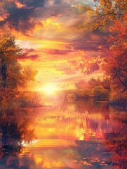 Obraz premium As the sun sets over the calm waters, the sky bursts with colors while autumn leaves shimmer in the fading light, creating a tranquil atmosphere. Generative AI