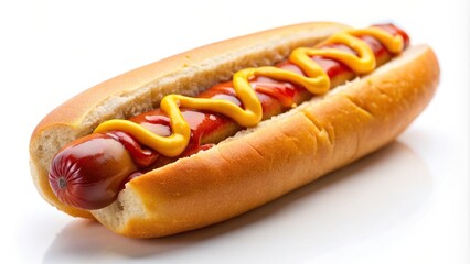 A long shot stock photo of a delicious hotdog with ketchup and mustard on a clean white background, ketchup, fast food, convenience, traditional, long shot, outdoor, savory