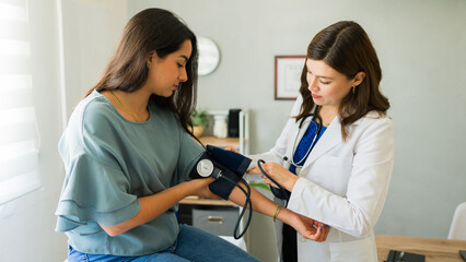 Doctor is taking the blood pressure of a young female patient during a medical check-up