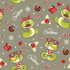 Seamless Pattern Christmas With Cute Snake On Green Backgroun, Cartoon Illustration