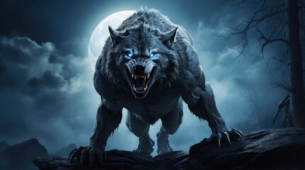 Fototapeta premium A towering werewolf with a muscular build and shaggy fur stands under a bright full moon,