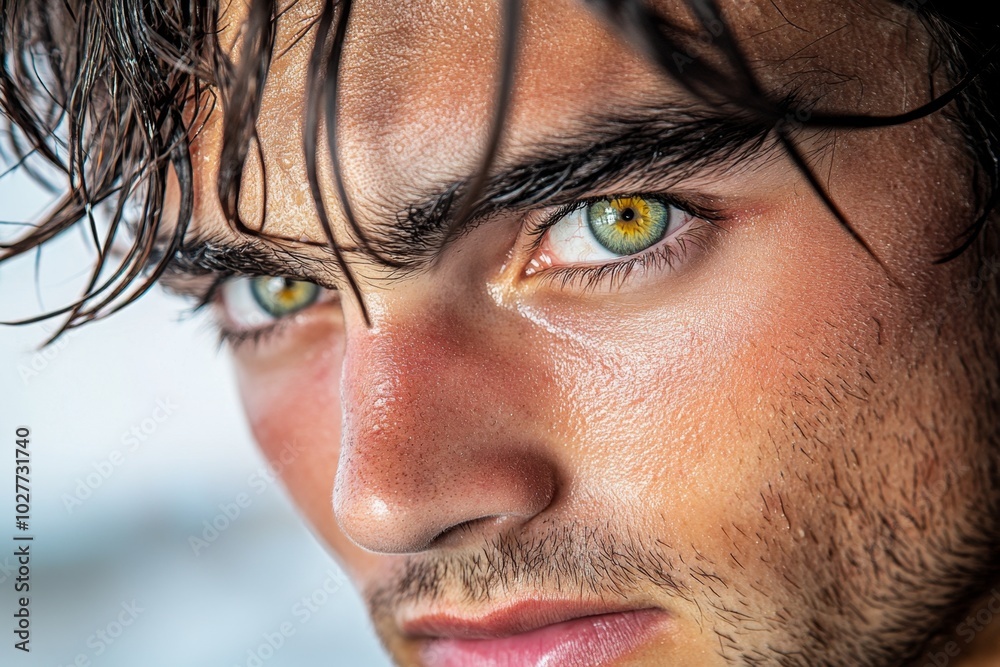 Poster detailed shot of a personâ€™s face in the morning light, eyes half-open, with every detail of their 